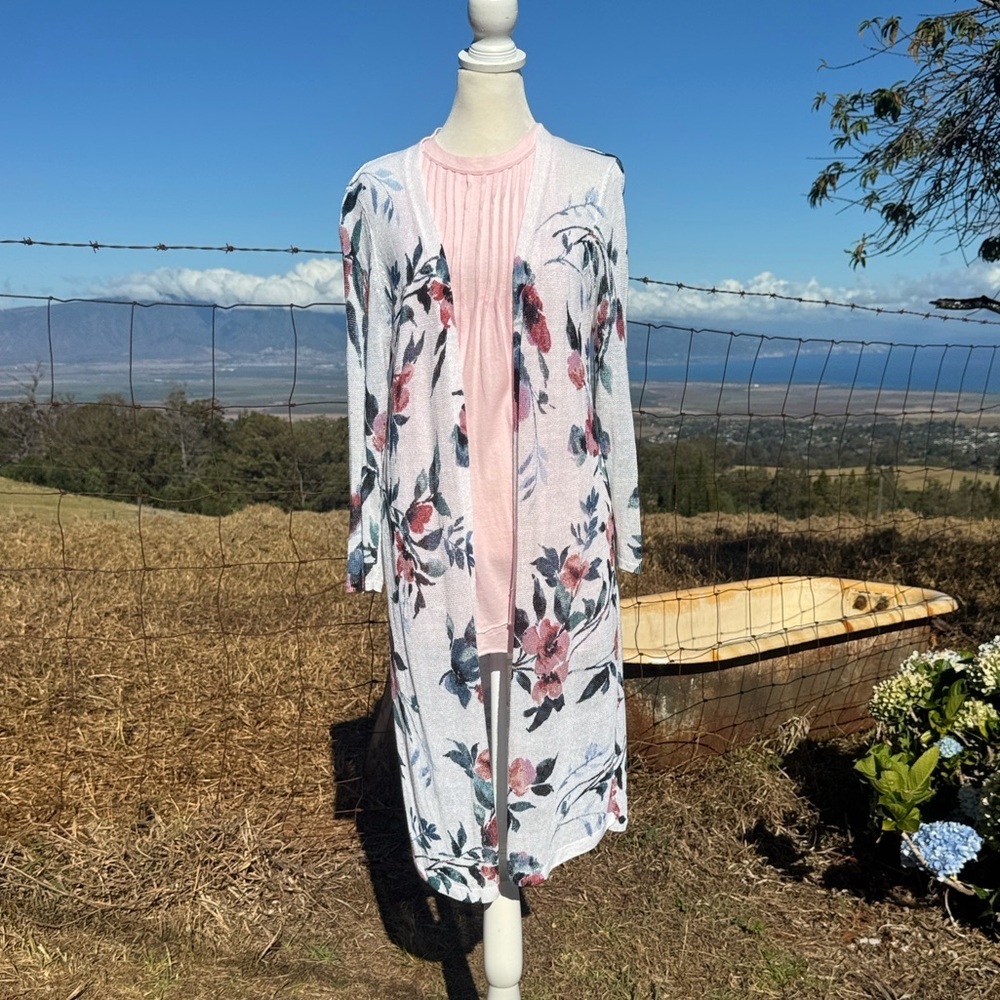 J. Jill Floral long sleeve Long light Cardigan Duster linen blend Xs